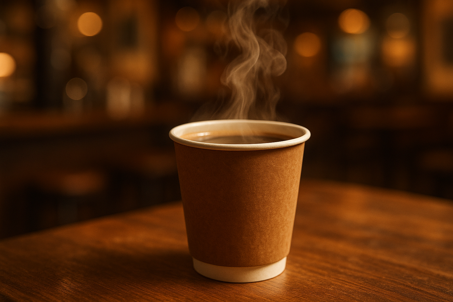 a disposable paper cup with hot coffee 