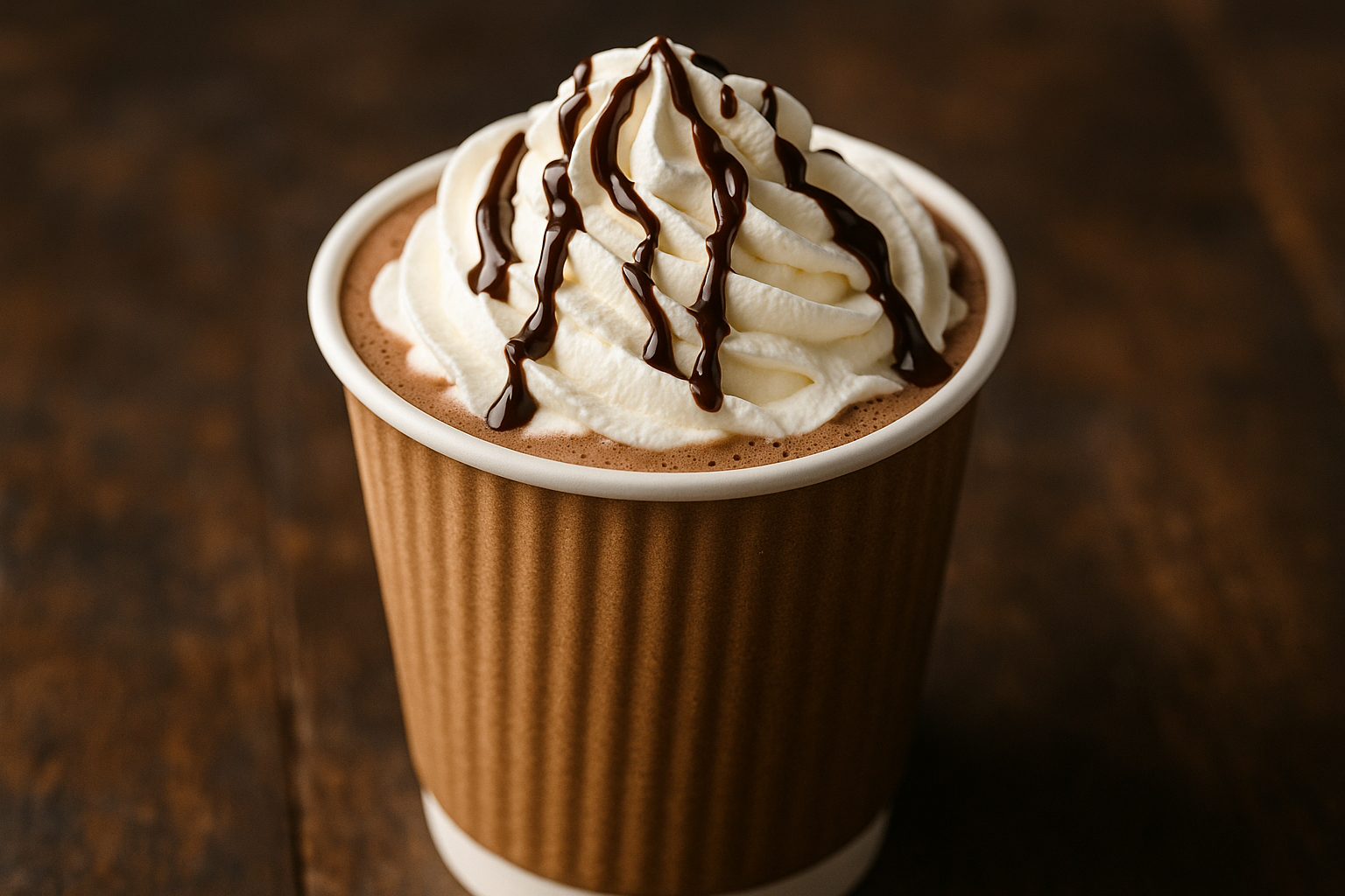 Hot cocoa in a disposable cup topped with whipped cream and drizzled with chocolate syrup